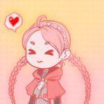  &gt;_&lt; 1girl ahoge braid capelet closed_eyes eloisejudedraaaws fire_emblem fire_emblem_fates heart hood hood_down hooded_capelet long_hair low_twin_braids nina_(fire_emblem) o-ring_harness parted_bangs red_capelet red_hood solo twin_braids upper_body 