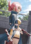  1girl blade blurry blurry_background commission eiyuu_densetsu fagi_(kakikaki) gun highres looking_at_viewer looking_back outdoors pink_hair ponytail sara_valestein sen_no_kiseki short_ponytail skeb_commission weapon 