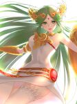  1girl armlet backlighting bare_shoulders breasts chain chiton circlet diadem dress forehead_jewel gold gold_chain green_eyes green_hair highres holding holding_shield jewelry kid_icarus kid_icarus_uprising large_breasts long_hair neck_ring palutena parted_bangs pendant shield side_slit single_thighhigh strapless strapless_dress thigh-highs vambraces very_long_hair white_dress 