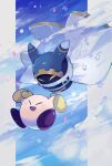  absurdres cape carrying closed_eyes clouds disembodied_limb gloves highres higuchi_megumi kirby kirby_(series) magolor no_humans open_mouth outdoors petals sky star_(symbol) yellow_gloves 