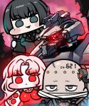  1boy 2girls :&lt; allmind_(armored_core_6) armored_core armored_core_6 ayre_(armored_core_6) bald bandages black_hair blush_stickers clipboard commentary green_eyes grey_eyes hair_intakes holding holding_clipboard jazz_jack jitome long_hair mecha multiple_girls pink_hair raven_(armored_core_6) red_eyes robot sanpaku scar solid_circle_eyes suit wide_face 