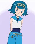  1girl arms_behind_back blue_eyes blue_hair blue_pants blue_sailor_collar bright_pupils closed_mouth commentary freckles frown hairband jiffy0v0 lana_(pokemon) looking_down no_sclera one-piece_swimsuit pants pokemon pokemon_(game) pokemon_sm purple_background sailor_collar shirt short_hair sleeveless sleeveless_shirt solo swimsuit swimsuit_under_clothes watermark white_pupils white_shirt yellow_hairband 