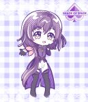  1girl artist_request chibi cosplay dress english_text highres idolmaster long_hair looking_at_viewer open_mouth ponytail purple_hair smile solo spade_(shape) symbol-shaped_pupils tokyo_ravens tsuchimikado_natsume very_long_hair yellow_eyes zettai_ryouiki 