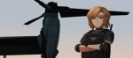  1girl absurdres aircraft black_gloves blonde_hair blue_eyes closed_mouth crossed_arms day elbow_pads gloves grey_shirt helicopter highres looking_at_viewer ndtwofives original outdoors parted_bangs shirt short_sleeves solo upper_body 