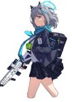  1girl absurdres animal_ear_fluff animal_ears assault_rifle bag black_jacket black_skirt blue_archive blue_eyes breasts cropped_legs cross_hair_ornament gloves green_gloves grey_hair gun hair_ornament halo highres holding holding_gun holding_weapon id_card jacket ken_rqll looking_at_viewer looking_to_the_side miniskirt open_clothes open_jacket parted_lips rifle scarf shiroko_(blue_archive) shirt shirt_tucked_in short_hair shoulder_bag skirt small_breasts solo walking weapon white_shirt wolf_ears 