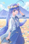  1girl :3 ahoge blue_eyes blue_hair blue_ribbon blue_skirt blue_sky blurry blurry_background bow clouds collared_shirt commentary_request day dress_shirt falling_petals fang feet_out_of_frame field floating_hair flower flower_field from_side hair_bow hand_to_head hand_up head_wreath highres holding holding_suitcase long_hair looking_at_viewer looking_to_the_side low_twintails mountainous_horizon neck_ribbon open_mouth otomachi_una outdoors petals ribbon shirt skirt sky sleeves_past_elbows smile solo standing suiso_sn3 suitcase suspender_skirt suspenders twintails very_long_hair vocaloid white_shirt 