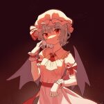  1girl absurdres bat_wings blue_hair bow breasts commentary dress hat head_tilt highres long_dress mob_cap pink_dress pointy_ears puffy_short_sleeves puffy_sleeves red_bow red_eyes remilia_scarlet short_sleeves small_breasts solo touhou upper_body wings wrist_cuffs youpofen 