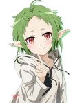  1girl absurdres ahoge anju_(artist) artist_name closed_mouth elf green_hair hand_up highres hood hooded_jacket jacket looking_at_viewer mushoku_tensei pointy_ears red_eyes shirt short_hair simple_background smile solo sylphiette_(mushoku_tensei) v white_background white_jacket white_shirt 