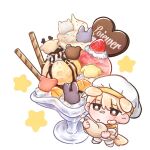  1boy animal-themed_food animal_ears blonde_hair bright_pupils brown_eyes character_food chibi commentary_request debwi_mos_hamyeon_jugneun_byeong_geollim dog_boy dog_ears dog_tail enoki_ij food food_on_face fruit hat holding ice_cream kemonomimi_mode korean_commentary male_focus park_moondae pastry_bag short_hair simple_background solo sprinkles standing star_(symbol) strawberry tail white_background white_headwear white_pupils 