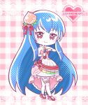  1girl artist_request blue_hair bow chibi closed_mouth commentary cosplay dress english_commentary english_text hair_ornament heart highres hinanawi_tenshi idolmaster long_hair looking_at_viewer microphone red_eyes smile solo symbol-shaped_pupils touhou very_long_hair 