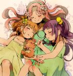  3girls animal_ears asahina_mirai bear bear_ears blunt_bangs blush braid brown_hair closed_eyes clover_hair_ornament dress flower girl_sandwich green_dress hair_flower hair_ornament hairband hanami_kotoha hiwakame holding_hands izayoi_liko long_hair lying mahou_girls_precure! mofurun_(mahou_girls_precure!) multiple_girls on_back open_mouth orange_hair petals pink_hair precure purple_hair sandwiched short_hair sleeping sleeveless smile stuffed_animal stuffed_toy teddy_bear 