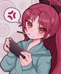  1girl anger_vein blue_jacket bow cellphone circle collarbone food food_in_mouth hair_bow highres holding holding_phone jacket keropiki long_hair looking_at_viewer looking_up mahou_shoujo_madoka_magica phone playing_games pocky pocky_in_mouth ponytail red_eyes redhead sakura_kyoko smartphone spoken_anger_vein 