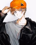  1boy adjusting_clothes adjusting_headwear baseball_cap black_jacket brown_hair closed_mouth collarbone collared_jacket commentary ear_chain ear_piercing earrings grey_shirt hat head_tilt jacket jewelry looking_at_viewer male_focus necklace orange_headwear original piercing sanpaku shirt short_hair simple_background solo star_(symbol) star_piercing streetwear stud_earrings suechiee t-shirt triangle_hair_ornament upper_body violet_eyes white_background 