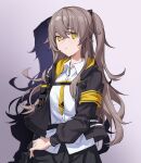  1girl black_jacket black_skirt brown_hair closed_mouth collared_shirt frown girls_frontline gradient_background highres hood hood_down hooded_jacket jacket ken_rqll long_hair long_sleeves looking_at_viewer neckerchief open_clothes open_jacket scar scar_across_eye shadow shirt side_ponytail skirt solo ump45_(girls&#039;_frontline) upper_body yellow_eyes yellow_neckerchief 
