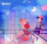  1boy 1girl backpack bag black_hair blonde_hair blush bow building city clouds copyright_name crescent_moon dress from_side hair_between_eyes hat highres higuchi_megumi holding holding_stuffed_toy moon mother_(game) mother_2 ness_(mother_2) night open_mouth outdoors paula_(mother_2) pink_dress profile shirt shoes short_hair short_sleeves shorts sky sleeveless sleeveless_dress sparkle striped striped_shirt stuffed_animal stuffed_toy teddy_bear 
