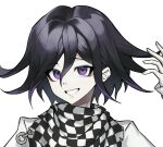  1boy black_hair checkered_clothes checkered_scarf danganronpa_(series) danganronpa_v3:_killing_harmony grin hair_between_eyes hand_up male_focus multicolored_hair oma_kokichi purple_hair scarf simple_background smile solo teeth ttegi_(ddeck_dg) two-tone_hair violet_eyes white_background 