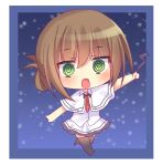  1girl @_@ arm_at_side arm_up black_thighhighs blue_background blush border brown_hair capelet chibi commentary_request crazy eyes_visible_through_hair folded_ponytail frilled_skirt frills green_eyes hair_between_eyes holding holding_whip jitome korokoro_cat medium_hair necktie open_mouth red_necktie school_uniform shirt simple_background skirt smile snowing solo subarashiki_hibi tachibana_kimika thigh-highs walking white_border white_capelet white_shirt white_skirt wide-eyed zettai_ryouiki 