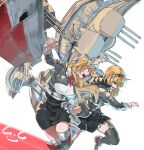  2girls ascot black_skirt blonde_hair blue_eyes cannon feet_out_of_frame flower garter_straps gegeron grey_shirt grey_thighhighs headgear highres kantai_collection long_hair machinery matching_outfits military_uniform multiple_girls neck_flower nelson_(kancolle) red_ascot red_flower red_rose rodney_(kancolle) rose shirt short_hair skirt thigh-highs turret uniform 