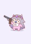  1girl absurdres bib blush chibi full_body gem gradient_hair gun handgun highres holding holding_gun holding_weapon hololive hololive_english koseki_bijou long_hair m1911 multicolored_hair onesie pacifier pebble_(koseki_bijou) phdpigeon pointing_gun simple_background solid_circle_eyes solo standing tiara very_long_hair virtual_youtuber weapon white_background 