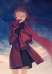  1girl absurdres arc_the_lad belt black_skirt clouds crying fingerless_gloves finia gloves highres iro_saki jacket long_hair long_sleeves ponytail purple_hair red_scarf scarf skirt solo standing 
