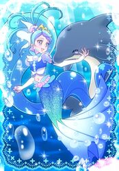  1girl :d blue_background blue_eyes blue_hair blush_stickers bubble crop_top cure_mermaid dolphin earrings full_body gloves go!_princess_precure jewelry kaidou_minami long_hair magical_girl mermaid midriff monster_girl multicolored_hair nanjou_akimasa navel open_mouth precure purple_hair shell smile streaked_hair two-tone_hair underwater very_long_hair 