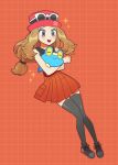  1girl :d blonde_hair blush chirosamu commentary_request eyelashes eyewear_on_headwear froakie full_body grid_background hat highres knees long_hair low-tied_long_hair open_mouth orange_background pink_headwear pleated_skirt pokemon pokemon_(creature) pokemon_(game) pokemon_xy serena_(pokemon) shirt shoes skirt sleeveless sleeveless_shirt smile sparkle sunglasses teeth thigh-highs tongue upper_teeth_only 