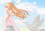  1girl bird blue_sky blush closed_mouth clouds cloudy_sky d4dj dove facing_to_the_side feathers green_skirt high_ponytail highres kase_mana long_hair long_sleeves looking_ahead orange_hair pink_shirt shirt skirt sky smile solo violet_eyes wbr_komet white_dove white_feathers 