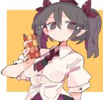  1girl blush brown_eyes brown_hair cellphone checkered_clothes checkered_skirt closed_mouth collared_shirt hat himekaidou_hatate holding holding_phone long_hair massakasama phone purple_headwear shirt short_sleeves skirt solo tokin_hat touhou twintails white_shirt 