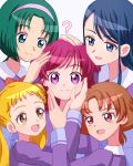  5girls :d ? akimoto_komachi amagan_ruruboshi blonde_hair blue_eyes blue_hair brown_hair closed_mouth green_eyes green_hair hair_ornament hairband hand_on_another&#039;s_face hand_on_another&#039;s_head kasugano_urara_(yes!_precure_5) long_hair looking_at_another looking_at_viewer minazuki_karen multiple_girls natsuki_rin open_mouth pink_eyes precure red_eyes redhead short_hair smile swept_bangs twintails yellow_eyes yes!_precure_5 yumehara_nozomi 