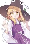  1girl blonde_hair blush brown_headwear closed_mouth fingernails hat highres long_sleeves medium_hair moriya_suwako nyanaya purple_skirt purple_vest red_ribbon ribbon shirt simple_background skirt smile solo touhou upper_body vest white_background white_shirt wide_sleeves yellow_eyes 