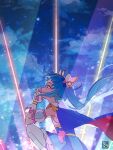  1girl artist_name backlighting beams blue_cape blue_dress blue_eyes blue_hair bow_skirt cape commentary cure_sky cut_bangs detached_sleeves dress fingerless_gloves gloves hand_to_own_mouth highres hirogaru_sky!_precure long_hair looking_to_the_side magical_girl multicolored_hair night night_sky outdoors own_hands_together pink_hair precure puffy_detached_sleeves puffy_sleeves red_cape short_dress signature sky sleeveless sleeveless_dress solo sora_harewataru squatting star_(sky) starry_sky streaked_hair tete_a thigh-highs twintails two-sided_cape two-sided_fabric two-tone_hair very_long_hair white_gloves white_thighhighs wind wing_hair_ornament 