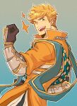  1boy black_gloves black_pants blonde_hair clenched_hands gloves gradient_background granblue_fantasy highres looking_at_viewer male_focus one_eye_closed oneirio open_mouth orange_shirt pants shirt short_hair simple_background smile solo twitter_username vane_(granblue_fantasy) 