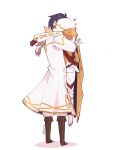  absurdres alfonse_(fire_emblem) blue_hair boots ennec0 fire_emblem fire_emblem_heroes gloves heart height_difference highres hooded_robe hug kiran_(fire_emblem) kiran_(male)_(fire_emblem) leather leather_boots robe 