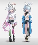  2girls absurdres arona_(blue_archive) black_eyes blue_archive blue_eyes blue_hair crop_top fashion hairband halo highres kenma_pro long_hair midriff multiple_girls navel plana_(blue_archive) short_hair shorts white_background white_hair 