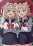  2girls :3 :d animal_ear_fluff animal_ears blonde_hair blue_eyes blue_hair blue_sailor_collar blue_skirt blush dog_ears dog_girl fang fuwawa_abyssgard hair_ornament hairpin headphones headphones_around_neck highres hololive hololive_english long_hair looking_at_viewer medium_hair mococo_abyssgard multicolored_hair multiple_girls nero_(starlightbrakerexfb) open_mouth pink_eyes pink_hair sailor_collar shirt siblings sisters skin_fang skirt smile streaked_hair twins virtual_youtuber white_shirt x_hair_ornament 