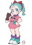  1girl aqua_eyes aqua_footwear aqua_hair belt blush_stickers bow brown_belt brown_gloves bulma character_name dragon_ball dragon_ball_(classic) gloves highres miyata_(lhr) red_bow signature single_glove solo standing 