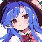  1girl ahiru_tokotoko black_headwear blue_hair bow bowtie closed_mouth commentary_request hinanawi_tenshi long_hair looking_at_viewer peach_hat_ornament pixel_art red_bow red_bowtie red_eyes simple_background solo touhou upper_body white_background 