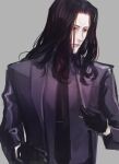  1boy alternate_hairstyle black_gloves black_hair fate/grand_order fate_(series) gilles_de_rais_(saber)_(fate) gloves highres kuroda_matsurika long_hair looking_to_the_side male_focus necktie parted_bangs purple_shirt shirt solo suit unfinished upper_body 