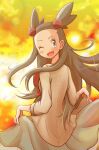  1girl absurdres ado_n blush grey_eyes hair_bobbles hair_ornament highres jasmine_(pokemon) light_brown_hair looking_at_viewer looking_back one_eye_closed open_mouth pokemon pokemon_(game) pokemon_hgss smile solo sparkle sunset two_side_up 
