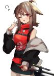  1girl :o absurdres animal_ears arknights black_jacket black_skirt blush brown_hair cowboy_shot cutter_(arknights) fox_ears fox_girl hair_ornament hairclip highres holding holding_sword holding_weapon jacket looking_at_viewer off_shoulder one_eye_closed open_clothes open_jacket open_mouth red_eyes red_shirt riu_kawano shirt short_hair short_ponytail simple_background skirt sleepy sleeveless sleeveless_shirt solo sword topknot weapon white_background x_hair_ornament 