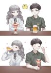  ! 1boy 1other alcohol beer black_eyes black_hair blush eating fear_&amp;_hunger fear_&amp;_hunger_2:_termina food green_jumpsuit grey_eyes grey_hair happy highres holding holding_spoon ice_cream jumpsuit levi_(fear_&amp;_hunger) lilio long_hair marina_(fear_&amp;_hunger) mouth_piercing otoko_no_ko short_twintails spoon twintails white_background 