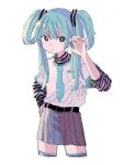  1girl @_@ adapted_costume belt black_belt black_stripes blue_eyes blush bright_pupils claw_pose closed_mouth commentary cropped_legs expressionless folded_twintails grey_skirt hair_ornament hand_on_own_hip hand_up hatsune_miku layered_shirt layered_sleeves long_hair long_sleeves looking_at_viewer necktie_print pink_shirt pleated_skirt print_shirt sakadakei shirt shirt_tucked_in short_over_long_sleeves short_sleeves simple_background skirt solo striped striped_shirt thigh-highs vocaloid white_background white_pupils 