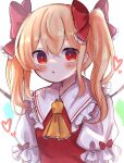  1girl :o absurdres alternate_hairstyle ascot blonde_hair blush bow collared_shirt dorowa_(drawerslove) flandre_scarlet frilled_ascot frilled_bow frilled_shirt_collar frilled_sleeves frills hair_between_eyes hair_bow heart highres looking_at_viewer medium_hair no_headwear open_mouth puffy_short_sleeves puffy_sleeves red_bow red_eyes red_vest shirt short_sleeves simple_background solo touhou twintails upper_body vest white_background white_shirt yellow_ascot 