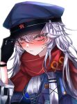  1girl 33_gaff absurdres black_gloves blue_headwear blush commission girls_frontline gloves grey_hair hat highres long_hair looking_at_viewer makarov_(girls&#039;_frontline) makarov_(mod3)_(girls&#039;_frontline) military_hat red_eyes red_scarf red_star scarf simple_background skeb_commission solo star_(symbol) sweatdrop upper_body white_background 