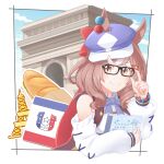  1girl adjusting_eyewear animal_ears arc_de_triomphe bespectacled blush bread brown_eyes brown_hair closed_mouth clothing_cutout commentary_request flag food glasses hair_ornament hairclip highres horse_ears horse_girl kazuto_(tzgp8384) looking_at_viewer matikane_tannhauser_(umamusume) notebook ribbon shoulder_cutout sky smile solo umamusume 