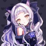  1girl absurdres animal_ear_fluff animal_ears cat_ears detached_sleeves frills gothic_lolita grey_hair heart highres hololive lolita_fashion long_hair looking_at_viewer murasaki_shion murasaki_shion_(5th_costume) pipi simple_background solo virtual_youtuber yellow_eyes 