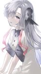  1girl akira_(colon_radio) black_flower blush collared_dress dress expressionless flower grey_eyes grey_hair hair_flower hair_ornament hair_over_one_eye highres isekai_joucho kamitsubaki_studio long_hair looking_to_the_side multicolored_hair parted_lips redhead short_sleeves simple_background solo two-tone_hair upper_body virtual_youtuber white_background 