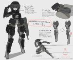  1girl :d armor arrow_(symbol) assault_rifle colored_skin commentary_request facial_mark flat_color grey_background gun head-mounted_display highres holding holding_gun holding_weapon joints looking_at_viewer motion_lines no_feet original pouch reference_sheet rifle robot_girl robot_joints running salute smile soruto_0w98e standing translation_request weapon white_skin 
