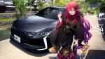  1girl black_kimono blue_eyes building car day ds_(brand) flower gradient_hair hairband heterochromia highres holding holding_flower hololive hololive_english horns irys_(hololive) japanese_clothes kimono motor_vehicle multicolored_hair nail_polish outdoors photo_background pink_eyes purple_hair red_nails redhead virtual_youtuber you&#039;a yukata 