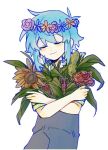  1boy basil_(headspace)_(omori) basil_(omori) blue_hair blush bouquet closed_eyes closed_mouth crossed_arms flower gongs0313 green_shirt hair_ornament head_wreath holding holding_bouquet lily_(flower) male_focus omori overalls shirt short_hair short_sleeves simple_background smile solo sunflower white_background 